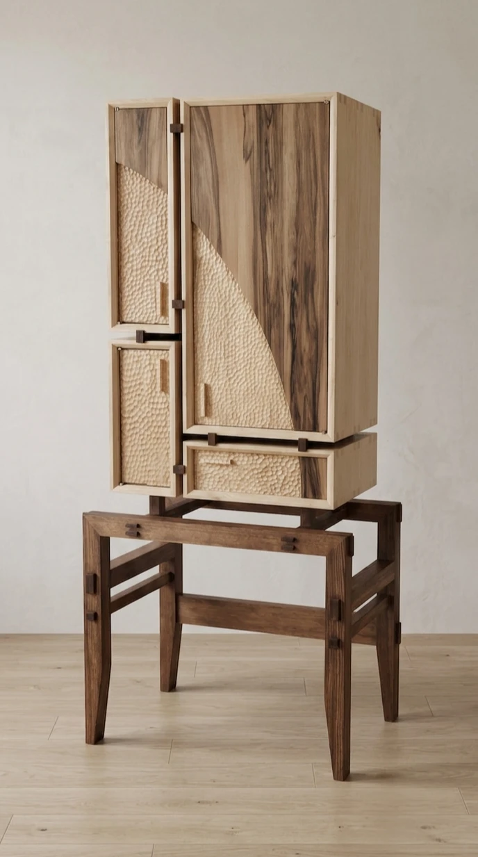 Cabinet en frêne aux façades sculptées à la gouge, sur piètement en noyer